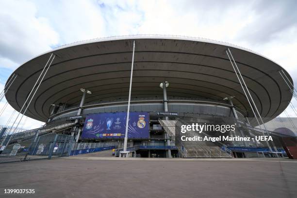 General view outside the stadium at Stade de France on May 24, 2022 in Paris, France. Liverpool FC will face Real Madrid in the UEFA Champions League...