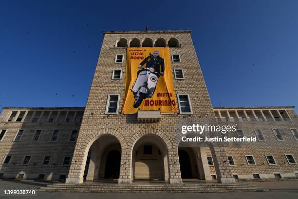 Jose Mourinho banner hangs on a building near the Arena Kombetare on May 24, 2022 in Tirana, Albania. AS Roma will face Feyenoord in the UEFA...