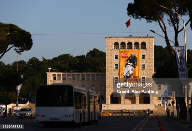 Fans of Roma display a banner of their Manager Jose Mourinho on the building of the Polytechnic University of Tirana in Mother Teresa Square at Arena...