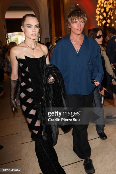 Cara Delevingne and Jordan Barrett are seen at Le Majestic Hotel during the 75th annual Cannes film festival at on May 24, 2022 in Cannes, France.