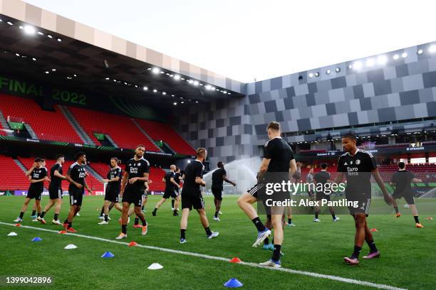 Feyenoord players warm up during a training session at Arena Kombetare on May 24, 2022 in Tirana, Albania. AS Roma will face Feyenoord in the UEFA...