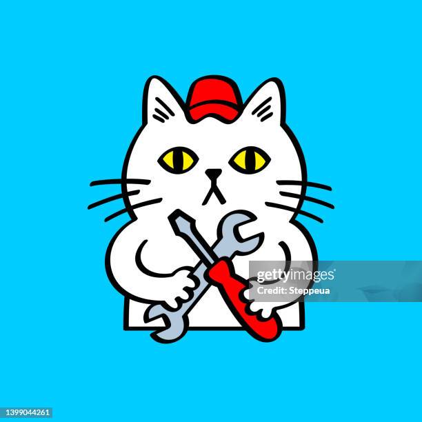 white cat holding wrench and screwdriver - funny mechanic stock illustrations