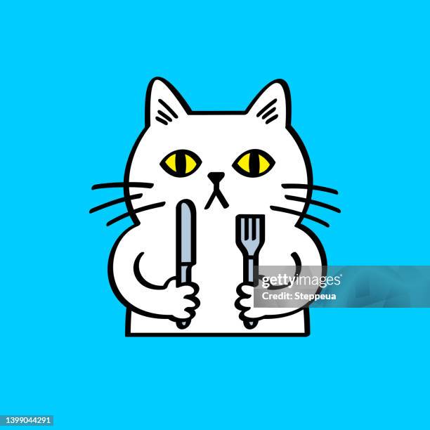 white cat holding fork and knife - hungry stock illustrations