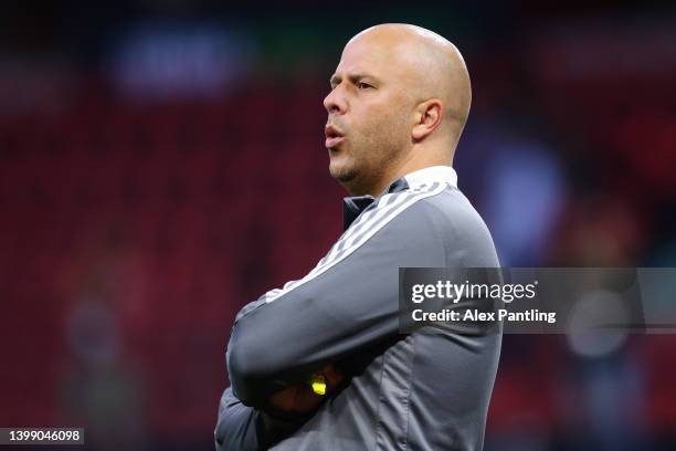 Arne Slot, Head Coach of Feyenoord gives instructions during a training session at Arena Kombetare on May 24, 2022 in Tirana, Albania. Feyenoord will...