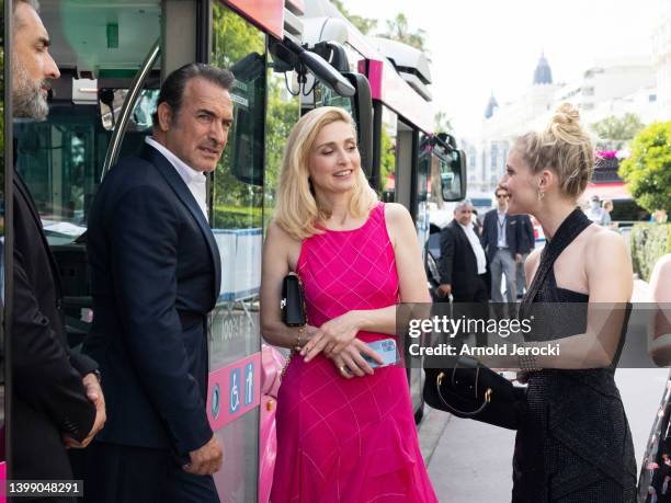 Jean Dujardin, Julie Gayet and Melanie Laurent are seen at the Martinez Hotel during the 75th annual Cannes film festival on May 24, 2022 in Cannes,...