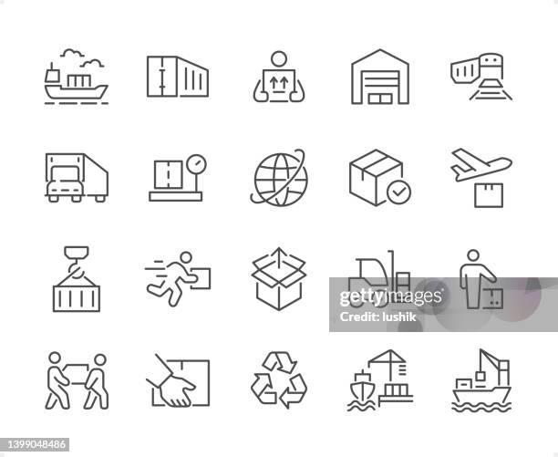 ilustrações de stock, clip art, desenhos animados e ícones de logistics icon set. editable stroke weight. pixel perfect icons. - barcaça