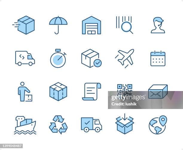 illustrazioni stock, clip art, cartoni animati e icone di tendenza di set di icone logistiche. spessore del tratto modificabile. pixel icone dicromatiche perfette. - filling