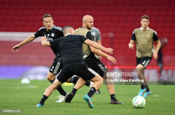 Gernot Trauner in action during a Feyanoord training session at Arena Kombetare on May 24, 2022 in Tirana, Albania. Feyenoord will face AS Roma in...