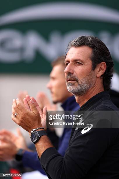 Patrick Mouratoglou, Coach of Simona Halep of Romania is seen in the match against Nastasja Schunk of Germany during the Women's Singles First Round...