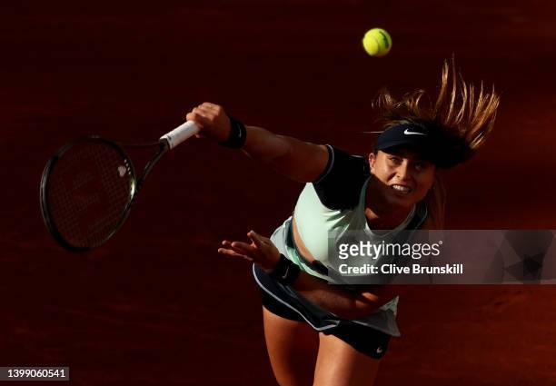 Paula Badosa of Spain serves against Fiona Ferro of France during the Women's Singles First Round match on Day 3 of the French Open at Roland Garros...