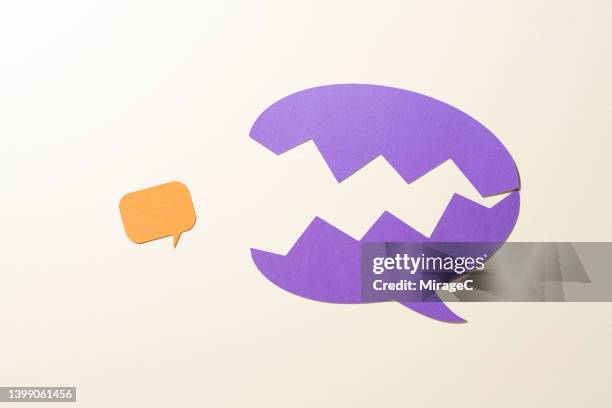 big speech bubble with big mouth eating the small one - communication problems stock-fotos und bilder