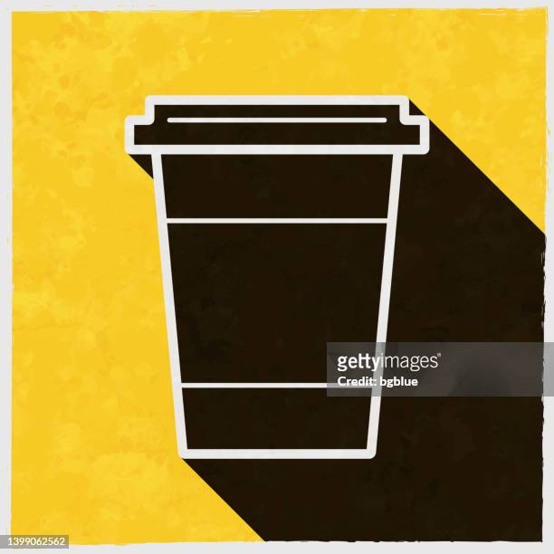 disposable cup. icon with long shadow on textured yellow background - coffee take away cup simple stock illustrations