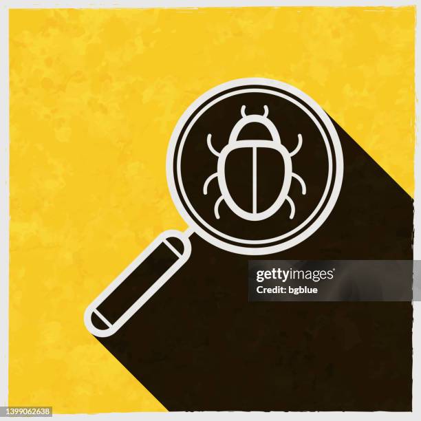 bildbanksillustrationer, clip art samt tecknat material och ikoner med magnifying glass with bug. icon with long shadow on textured yellow background - spionprogram