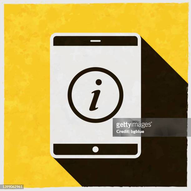 stockillustraties, clipart, cartoons en iconen met tablet pc with information sign. icon with long shadow on textured yellow background - information symbol