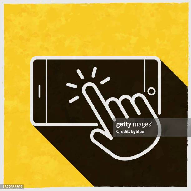 hand touch screen smartphone. icon with long shadow on textured yellow background - tapping screen stock illustrations