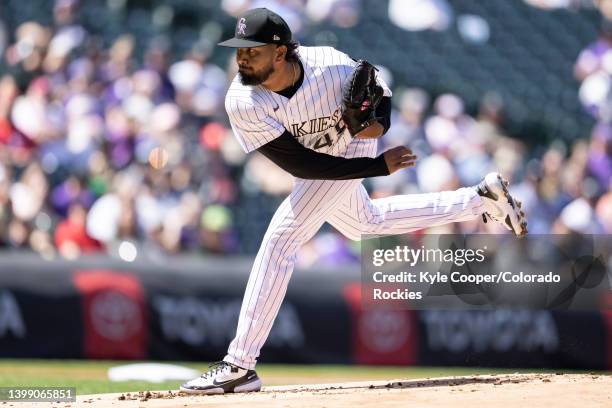 Germán Márquez of the Colorado Rockies pitches against the Philadelphia Phillies at Coors Field on April 20, 2022 in Denver, Colorado.