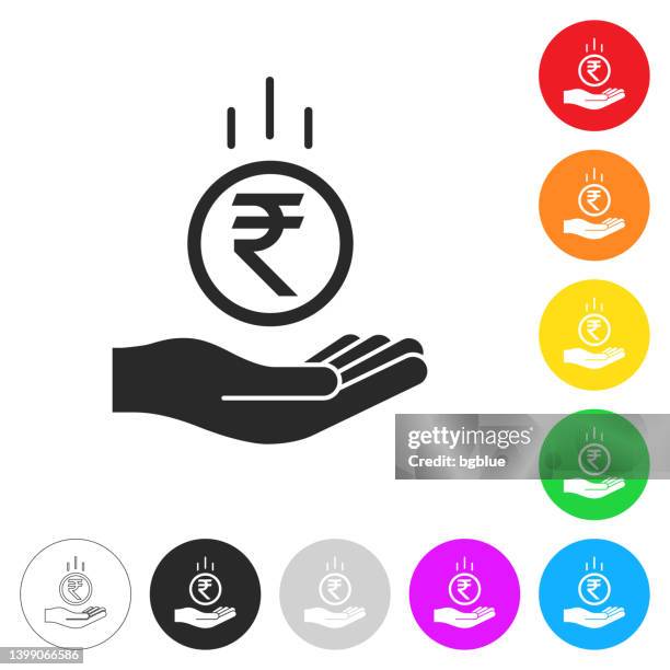 indian rupee coin falling in hand. icon on colorful buttons - refund stock illustrations