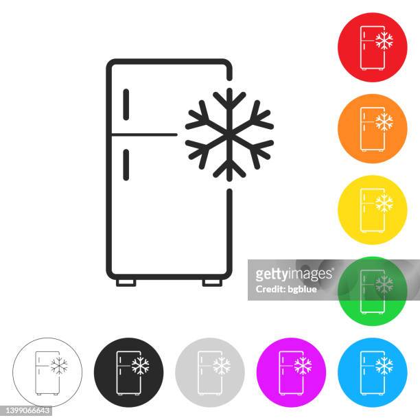 kühlschrank mit schneeflocke. symbol auf bunten schaltflächen - refrigerator stock-grafiken, -clipart, -cartoons und -symbole