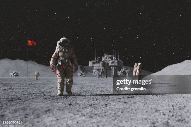chinese astronauts on moon with permanent base - astronaut bildbanksfoton och bilder