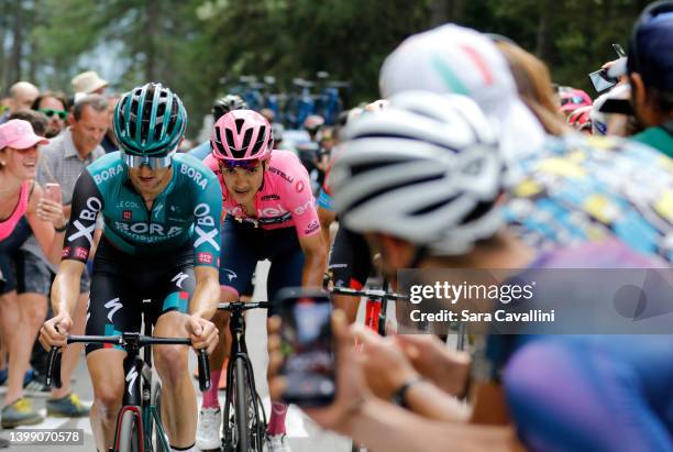 Jai Hindley of Australia and Team Bora - Hansgrohe and Richard Carapaz of Ecuador and Team Ineos Grenadiers Pink Leader Jersey in action on Passo di...