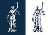 Themis goddess sculpture isolated silhouette. Lady justice with scales and sword in hands. Judiciary symbol. Vector illustration.