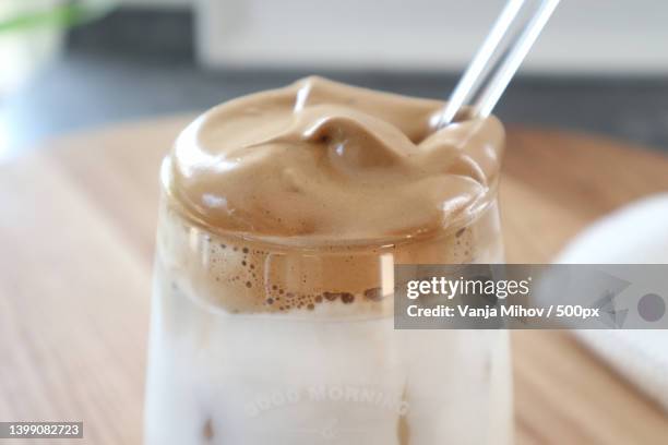 dalgona ice coffee iced cafe in the kitchen - blended drink stock pictures, royalty-free photos & images