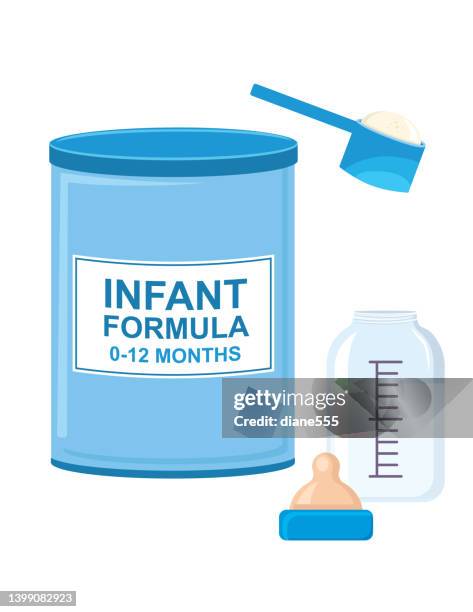 nette flache farbe babynahrung mit flasche und messlöffel - milchpulver stock-grafiken, -clipart, -cartoons und -symbole