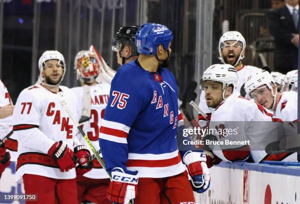 Ryan Reaves of the New York Rangers has words for the Carolina Hurricanes bench during the first period in Game Four of the Second Round of the 2022...