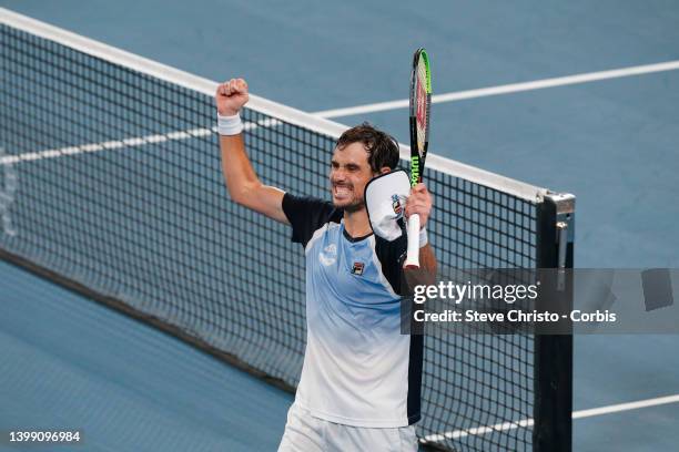 Guido Pella of Argentina reacts to winning the match against Marin Cilic of Croatia during day seven of the 2020 ATP Cup at Ken Rosewall Arena on...