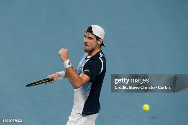 Guido Pella of Argentina reacts to winning the match against Marin Cilic of Croatia during day seven of the 2020 ATP Cup at Ken Rosewall Arena on...