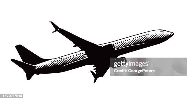 commercial airplane flying, on white background - airplane illustration stock illustrations