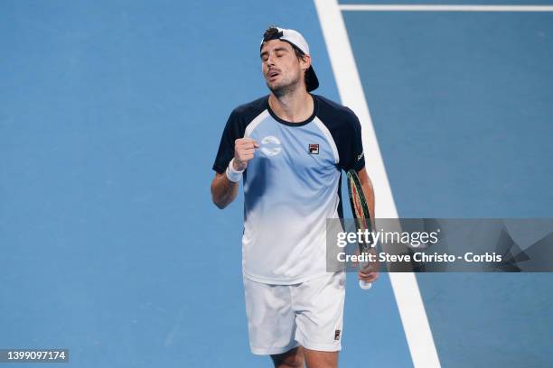 Guido Pella of Argentina reacts to winning the match against Marin Cilic of Croatia during day seven of the 2020 ATP Cup at Ken Rosewall Arena on...