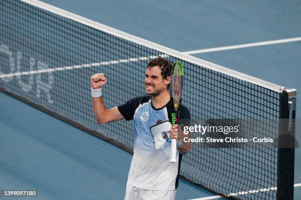 Guido Pella of Argentina reacts to winning the match against Marin Cilic of Croatia during day seven of the 2020 ATP Cup at Ken Rosewall Arena on...