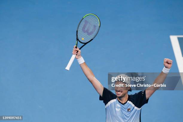 Guido Pella of Argentina reacts to winning the match against Marin Cilic of Croatia during day seven of the 2020 ATP Cup at Ken Rosewall Arena on...