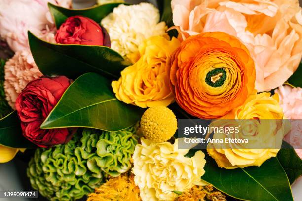 bright bouquet made of many different exotic flowers. red peony rose, green cockscomb, craspedia, carnation, yellow roses, orange persian buttercup and leaves. beautiful backdrop for your design. photography from above - fond orange fotografías e imágenes de stock