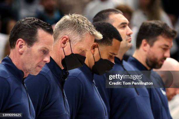 Head coach Steve Kerr of the Golden State Warriors stands for a moment of silence for the victims of the mass shooting at Robb Elementary School in...