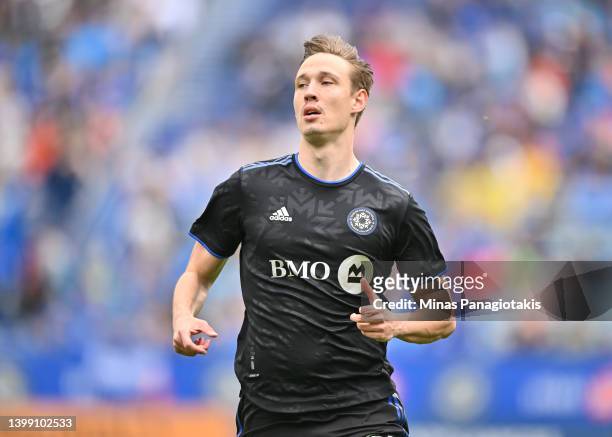 Lassi Lappalainen of CF Montréal runs in the first half against Real Salt Lake at Saputo Stadium on May 22, 2022 in Montreal, Canada. Real Salt Lake...
