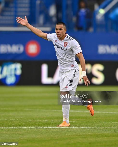Bobby Wood of Real Salt Lake reacts against CF Montréal in the second half at Saputo Stadium on May 22, 2022 in Montreal, Canada. Real Salt Lake...