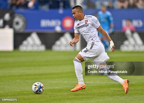 Bobby Wood of Real Salt Lake runs the ball against CF Montréal in the second half at Saputo Stadium on May 22, 2022 in Montreal, Canada. Real Salt...