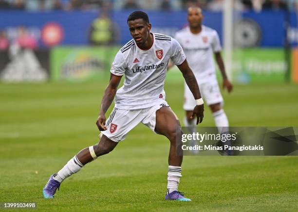 Sergio Córdova of Real Salt Lake runs against CF Montréal in the second half at Saputo Stadium on May 22, 2022 in Montreal, Canada. Real Salt Lake...