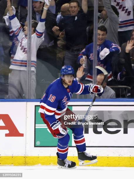 Andrew Copp of the New York Rangers celebrates his third period goal against the Carolina Hurricanes in Game Four of the Second Round of the 2022...