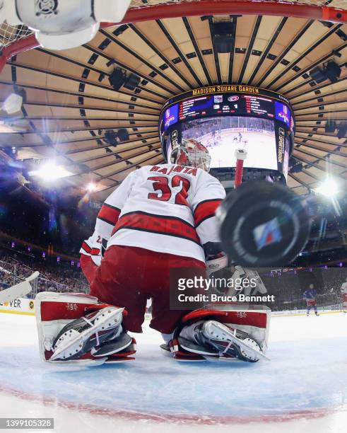 Shot by Andrew Copp of the New York Rangers at 11:10 of the third period gets past Antti Raanta of the Carolina Hurricanes in Game Four of the Second...