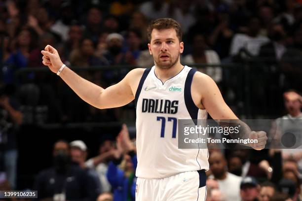 Luka Doncic of the Dallas Mavericks celebrates a basket during the second quarter against the Golden State Warriors in Game Four of the 2022 NBA...