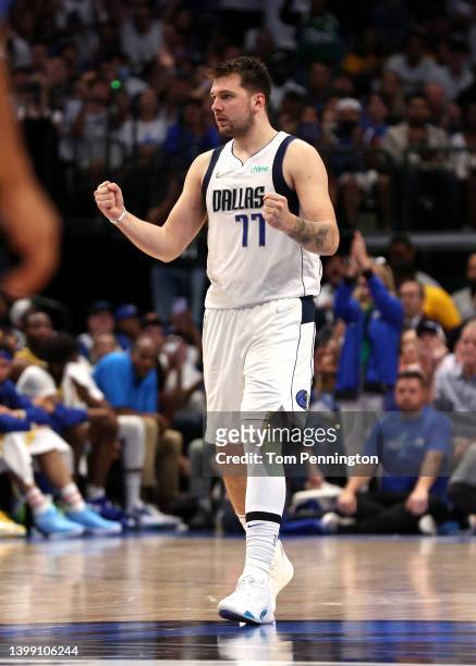 Luka Doncic of the Dallas Mavericks celebrates a basket during the second quarter against the Golden State Warriors in Game Four of the 2022 NBA...
