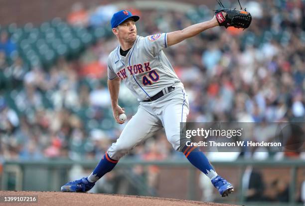 Chris Bassitt of the New York Mets pitches against the San Francisco Giants in the bottom of the first inning at Oracle Park on May 24, 2022 in San...