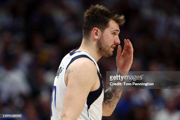Luka Doncic of the Dallas Mavericks reacts to a play during the second quarter against the Golden State Warriors in Game Four of the 2022 NBA...