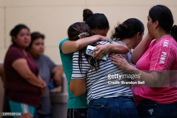 People mourn outside of the SSGT Willie de Leon Civic Center following the mass shooting at Robb Elementary School on May 24, 2022 in Uvalde, Texas....