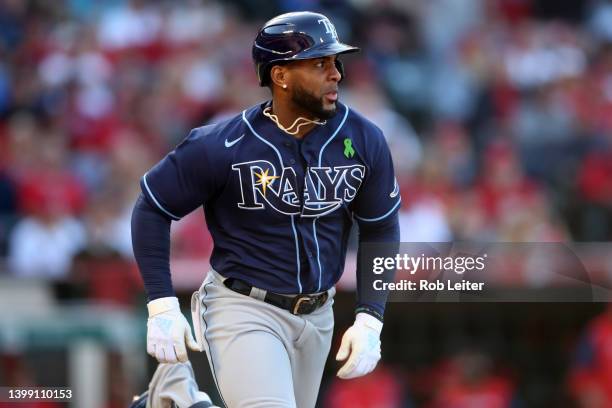 Yandy Diaz of the Tampa Bay Rays runs during the game against the Los Angeles Angels at Angel Stadium of Anaheim on May 11, 2022 in Anaheim,...