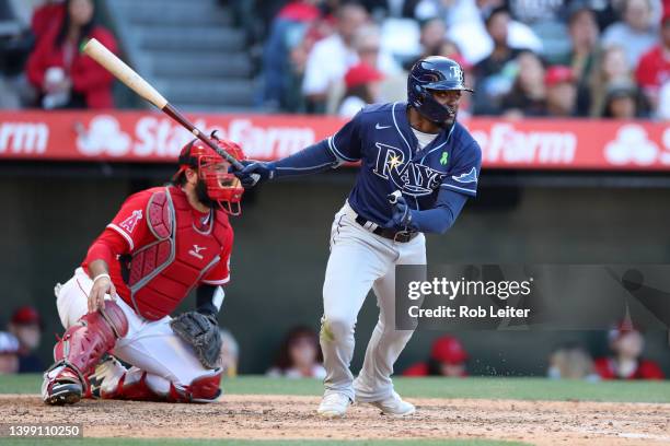 Vidal Bruján of the Tampa Bay Rays bats during the game against the Los Angeles Angels at Angel Stadium of Anaheim on May 11, 2022 in Anaheim,...