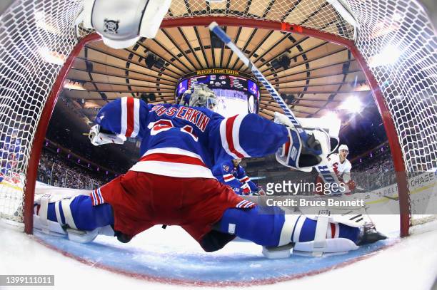 Igor Shesterkin of the New York Rangers makes the second period save on Teuvo Teravainen of the Carolina Hurricanes in Game Four of the Second Round...